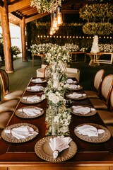 Canvas Print - Vertical shot of a wedding table set in a restaurant interior with wooden furniture