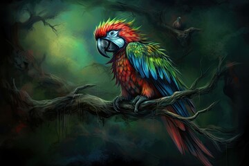 Poster - Colorful parrot perched on the branch, its feathers a riot of green, blue, and red. Oil color painting necronomicon illustrations. Generative AI