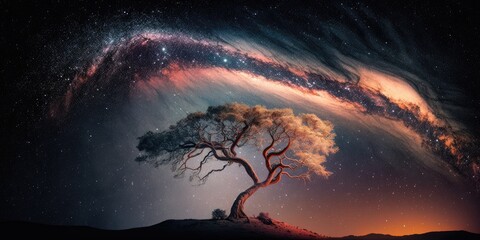 Wall Mural - Milky Way with alone old crooked tree on the hill. Colorful night landscape with bright milky way, starry sky and tree in summer. Space background. Amazing astrophotography. Generative AI