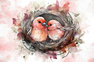 Poster - Two lovebirds can often be found snuggling together in their nest. Watercolor Painting. Generative AI