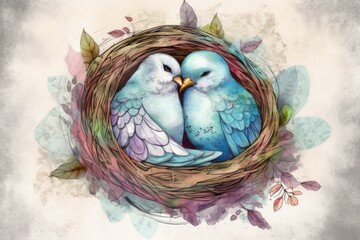 Poster - Two lovebirds can often be found snuggling together in their nest. Watercolor Painting. Generative AI