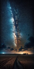 Wall Mural - Amazing Panoramic Landscape view of a Milky Way at night sky, with grain. Generative AI