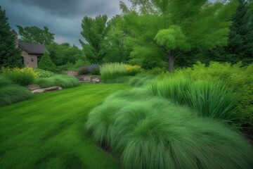 Wall Mural - Vivid green of the grass creates a lush and inviting landscape. Generative AI