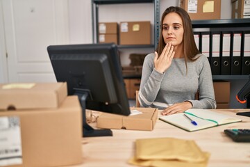 Canvas Print - Young blonde woman ecommerce business worker having online deaf language conversation at office