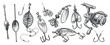 Fishing tackle set. Various items and accessories for sports fishing. Catch a fish, concept, sketch vector illustration