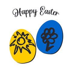 Canvas Print - Happy Easter. Cute postcard with painted blue and yellow eggs with sun and flower hand drawn . Festive banner on a white background. Vector.