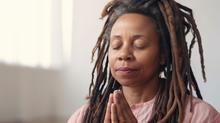 middle aged black woman with braids and closed eyes in deep prayer