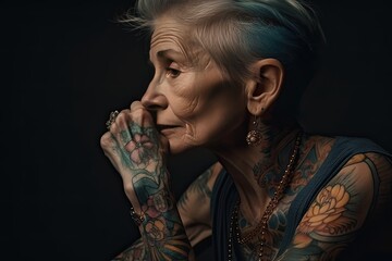 portrait of old beautiful woman in colored tattoos with short hair