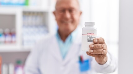 Poster - Senior grey-haired man pharmacist smiling confident holding pills bottle at pharmacy