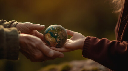 Close up of senior hands giving small planet earth to a child over defocused green background with copy space, Generative Ai