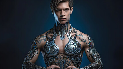 Young man model with tech tattoos and mech implants. Fictitious person made by Generative AI.