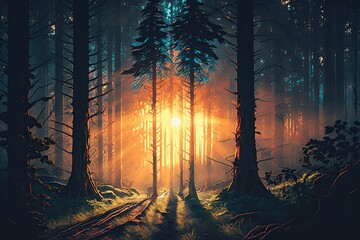 Wall Mural - Generative AI illustration of sunrise in the forest