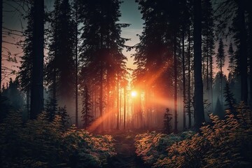 Wall Mural - Generative AI illustration of sunrise in the forest