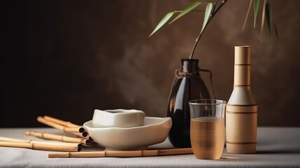 Japanese sake still life with a sprig of bamboo, light linen background, Asian ceremony Generative AI