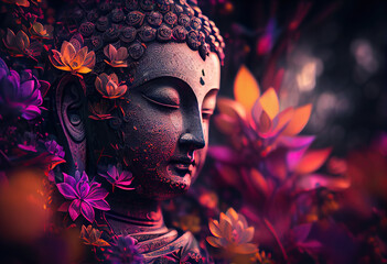 generative ai illustration of abstract lifelike buddha, flowers, magic lighting, beautiful metallic 