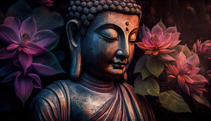 generative ai illustration of abstract lifelike buddha, flowers, magic lighting, beautiful metallic 
