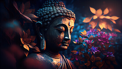 generative ai illustration of abstract lifelike buddha, flowers, magic lighting, beautiful metallic 