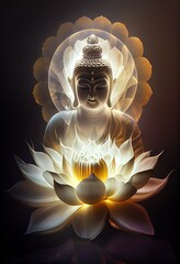 Wall Mural - Generative AI illustration of buddha, aura of energy, surreal fantasy, light flashing, beautiful light spectrum, bright white lotus flower, burning cloud-like petals, seawater.