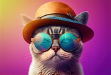 Fototapeta  - Generative AI illustration of closeup portrait of funny cat wearing sunglasses and hat, isolated on pastel background. surreal fantasy, copyspace