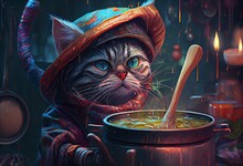 Generative AI Illustration Of Cute Cat With Cooking Hat Cooking Soup At A Restaurant, Dark Colors, Colorful