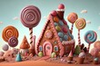 Generative AI illustration of a sweet and magical world with candy land landscape and gingerbread fantasy house