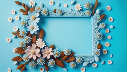 Wall Mural - Generative AI illustration of spring flower frame on blue and cyan background copy space flat lay mock up