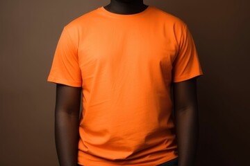 Black man model wearing a plain orange short sleeved t-shirt, isolated on a blank background. Mock-up, torso only. Generative AI illustration.