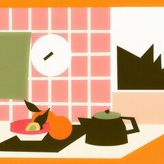 Wall Mural - abstract minimalistic painting illustration of a small colorful kitchen space