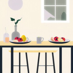 Poster - Abstract painting illustration of plates filled with fruits on a table in the kitchen