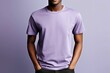 © Tuyres - Black man model wearing a plain lavender short sleeved t-shirt, isolated on a blank background. Mock-up, torso only. Generative AI illustration.