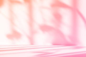Fototapete - Abstract pink color gradient studio background for product presentation. Empty room with shadows of window and flowers and palm leaves . 3d room with copy space. Summer concert. Blurred backdrop.