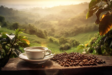 Cup Of Hot Coffee And Coffee Beans On Background Of Coffee Plantation. Generative Ai