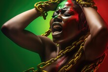 Strong Powerful Black Woman Breaking Free From Chains. Slavery, Slave Trade Or Abolition Concept. Banner For Juneteenth, Black History Month Or Keti Koti. Freedom Day