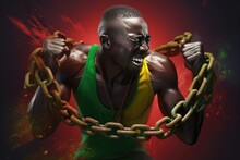 Strong Powerful Black Man Breaking Free From Chains. Slavery, Slave Trade Or Abolition Concept. Banner For Juneteenth, Black History Month Or Keti Koti. Freedom Day