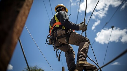 A telecommunications worker is depicted operating from a utility pole ladder while wearing high visibility PPE and a hard helmet. Generative AI