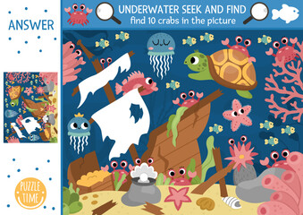 Wall Mural - Vector under the sea searching game with sea landscape, wrecked ship. Spot hidden crabs in the picture. Simple ocean life seek and find printable activity for kids. Water animals hunt.