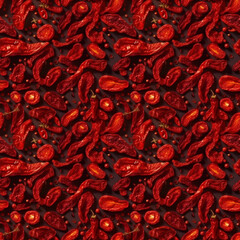 Sundried or dried tomato halves and chilli red peppers, top view. AI generative illustration.