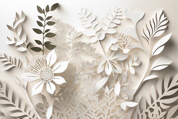 Wall Mural - White flowers paper cut background with copyspace. Generative AI