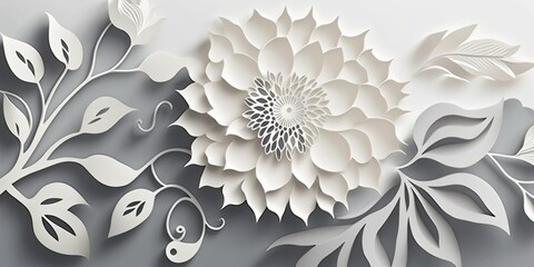 Wall Mural - White flowers paper cut background with copyspace. Generative AI