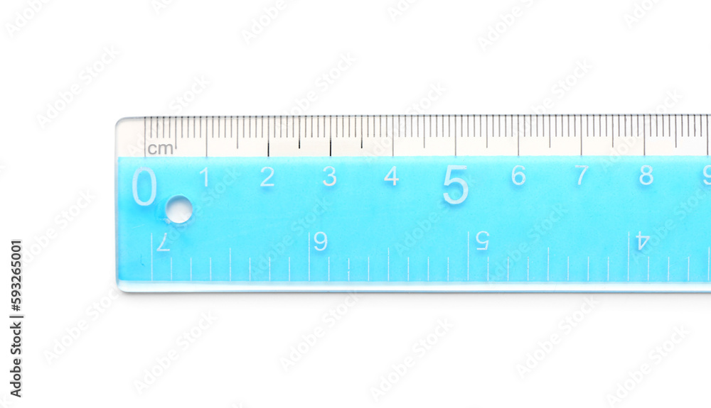 Blue plastic ruler on white background