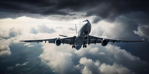 Wall Mural - A large jetliner flying through a cloudy turbulent sky. AI generative image