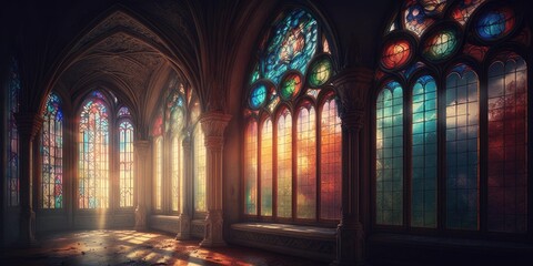 Sunlight shines through high stained glass windows in church. superlative generative AI image.