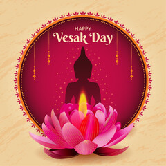 Wall Mural - Traditional Happy Vesak Day Square background. Buddha and candle flame golden lotus. Realistic digital graphic. Buddhist festival vector illustration. Website header, invite, promotion, social media