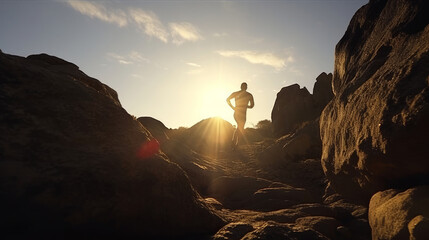 Wall Mural - Silhouetted trail runner man scrambling in rocks at sunrise Illustration AI Generative.