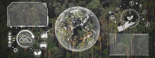 Earth day eco concept with tropical forest tree background, natural forestation preservation scene with global sustainability energy and green environmental renewable development, planet ecosystem