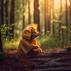 An illustration of an adorable wild bear cub in the forest wearing a yellow rain coat looking upwards, amber sunlight shining through the trees. A.I. Generated.
