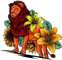 Poster - lion with flowers, vector graphics color illustration on white background