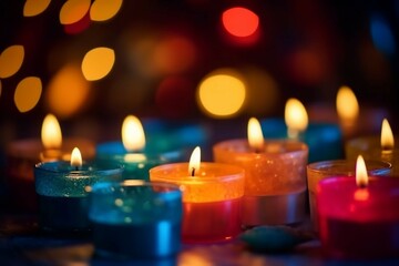 Wall Mural - Abstract short candle blur bokeh background. Luxury colorful bokeh background. AI generative