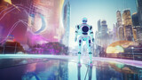 Fototapeta Przestrzenne - Ai robot in the city futuristic technology background