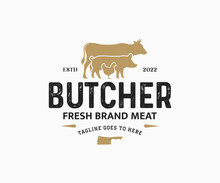 Butchery Shop Logo Design Template. Meat Label Template With Farm Animals